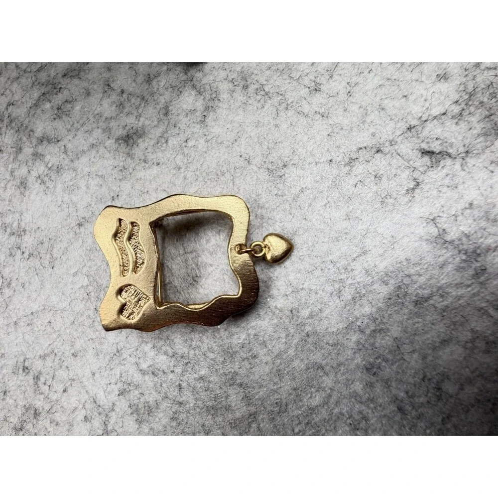 Vintage Gold Tone Modernist Open Square Brooch Heart Dangle Abstract Pin